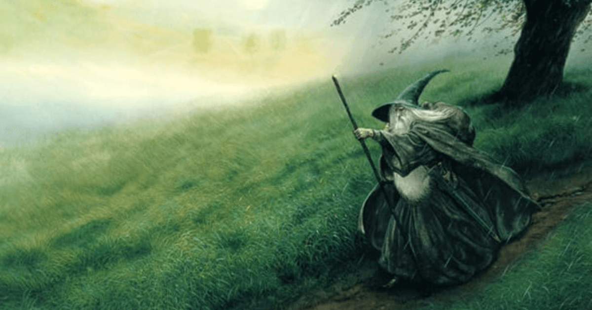 Illustration of the wizard Gandalf stiring from right to left across a green hill.